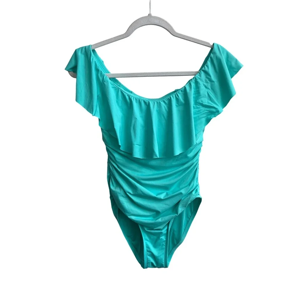 La Blanca One Piece Swimsuit Women 6 Teal‎ Ruffle Off Shoulder Ruched Lace Back